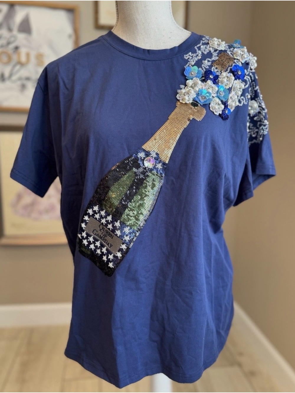 QUEEN OF SPARKLES Navy Short Sleeve Sequin Champagne Bottle Tee